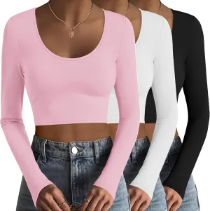 Ekouaer 3 Piece Long Sleeve Crop Tops for Women Scroop Neck Base Layer Basic Thermal Undershirts S-XXL