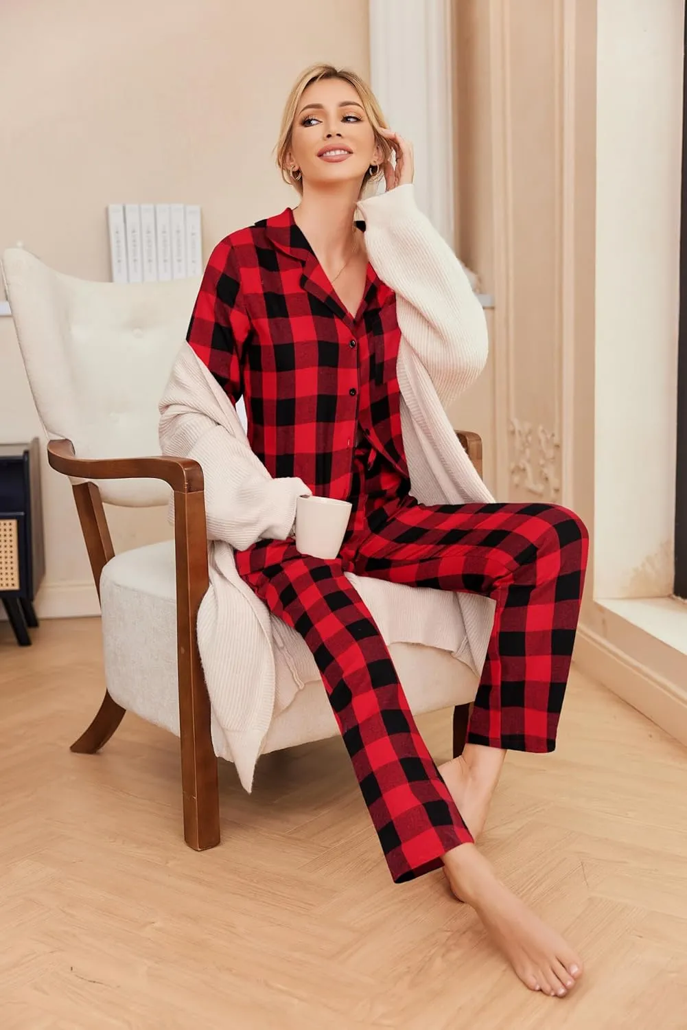 Ekouaer Pajamas for Women 2 Piece Lounge Set Long Sleeve Plaid Sleepwear Casual 2 Piece Pjs S-XXL