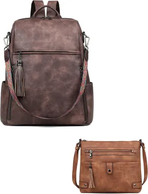 FADEON Laptop Backpack Purse for Women Large Designer PU Leather Laptop Bag, with Crossbody Bag for Women