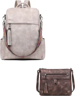 FADEON Laptop Backpack Purse for Women Large Designer PU Leather Laptop Bag, with Crossbody Bag for Women