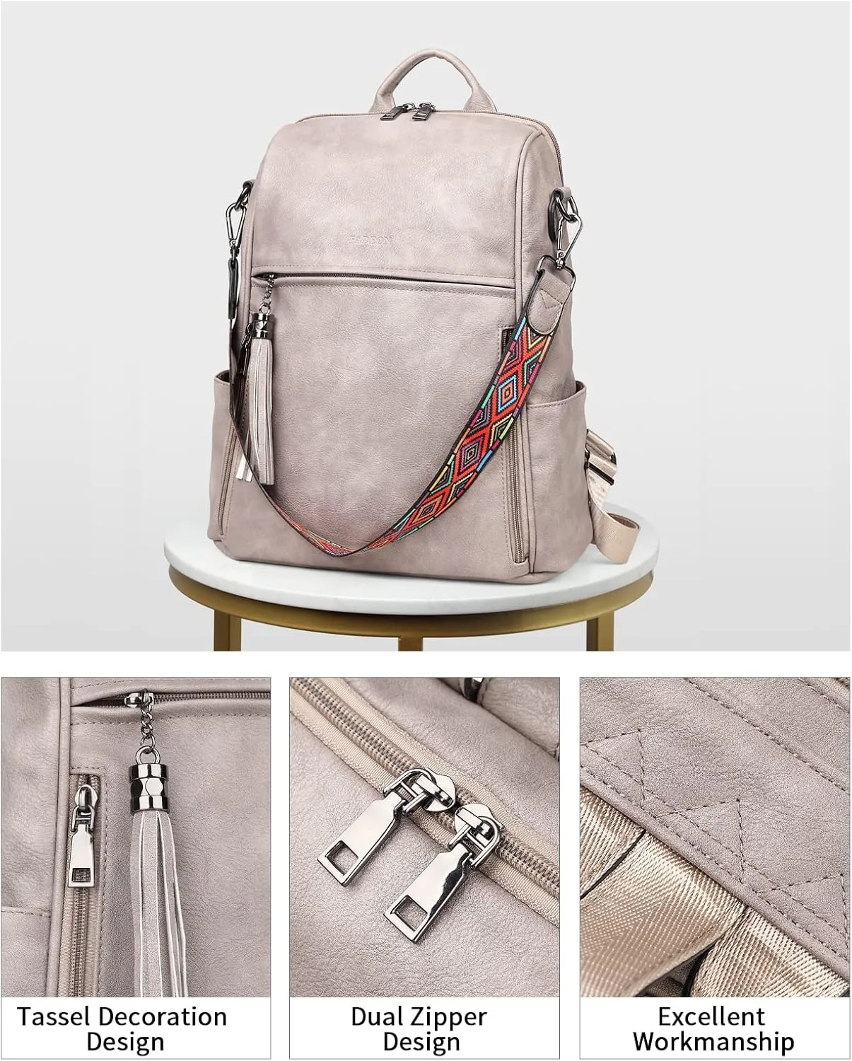 FADEON Leather Backpack Purse for Women Designer Travel Backpack Purses PU Fashion Ladies Shoulder Bag with Tassel