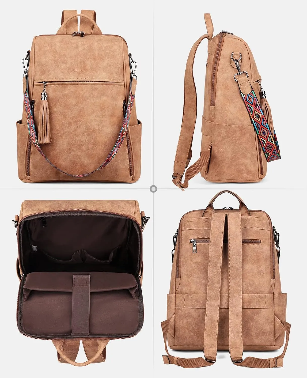 FADEON Leather Laptop Backpack for Women Designer 15.6 inch PU Laptop Bag, Ladies Travel Computer Work Backpack Brown