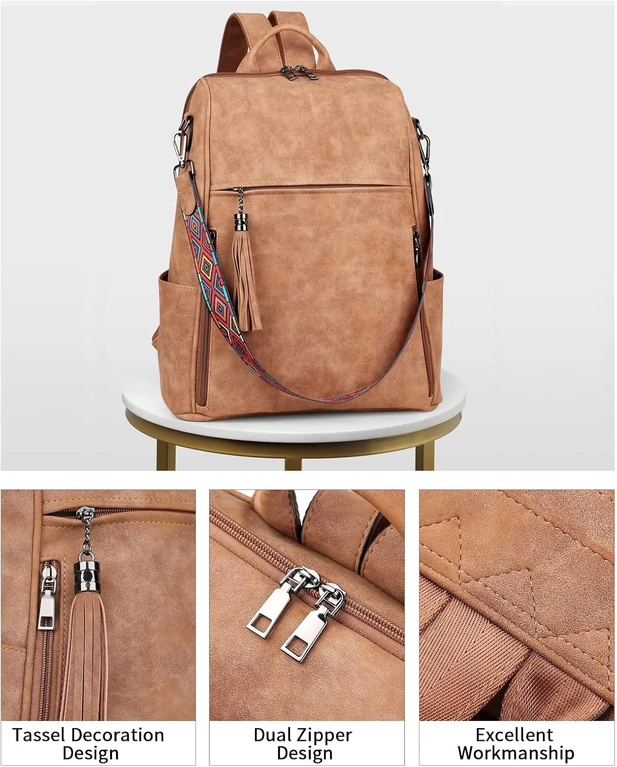 FADEON Leather Laptop Backpack for Women Designer 15.6 inch PU Laptop Bag, Ladies Travel Computer Work Backpack Brown