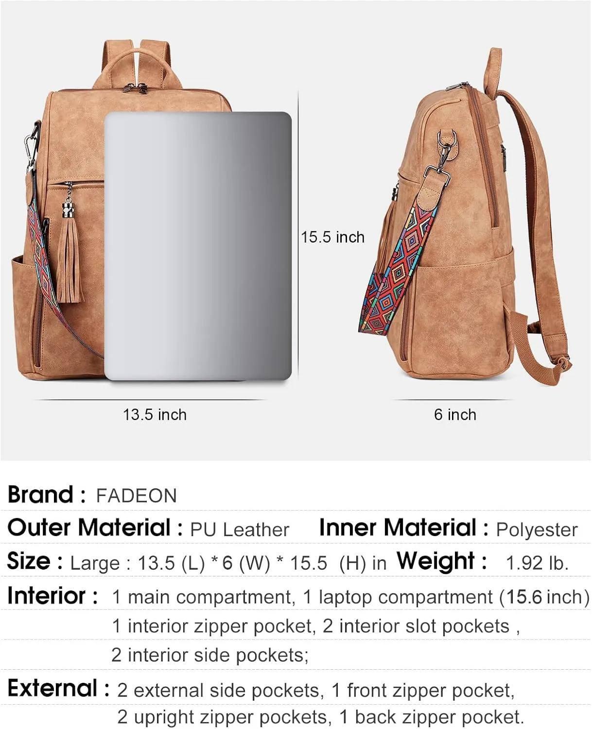 FADEON Leather Laptop Backpack for Women Designer 15.6 inch PU Laptop Bag, Ladies Travel Computer Work Backpack Brown