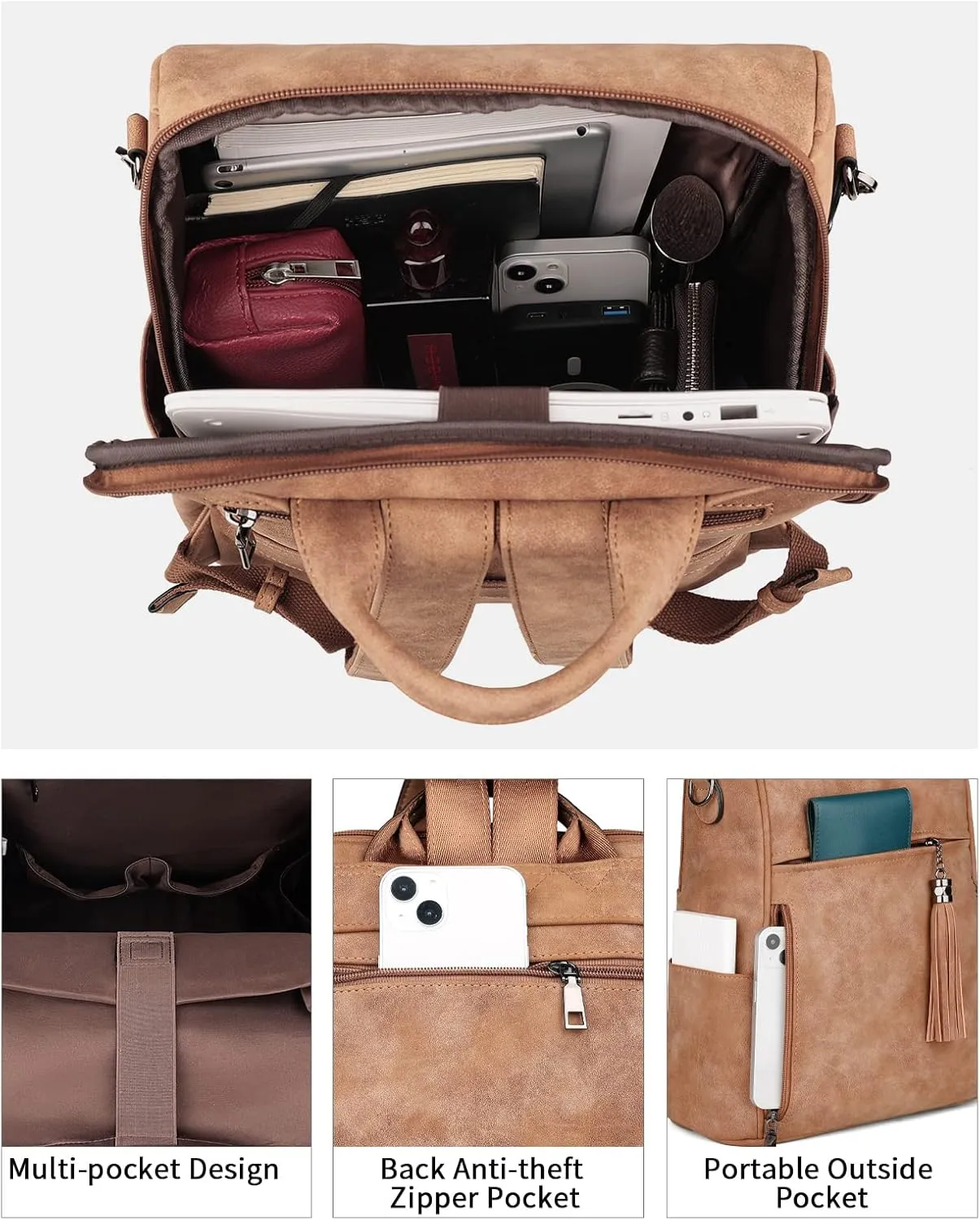 FADEON Leather Laptop Backpack for Women Designer 15.6 inch PU Laptop Bag, Ladies Travel Computer Work Backpack Brown