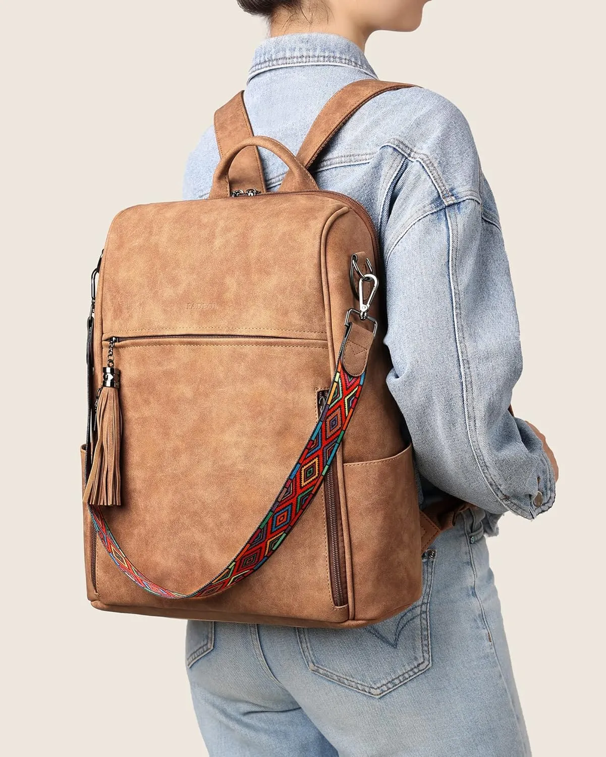 FADEON Leather Laptop Backpack for Women Designer 15.6 inch PU Laptop Bag, Ladies Travel Computer Work Backpack Brown