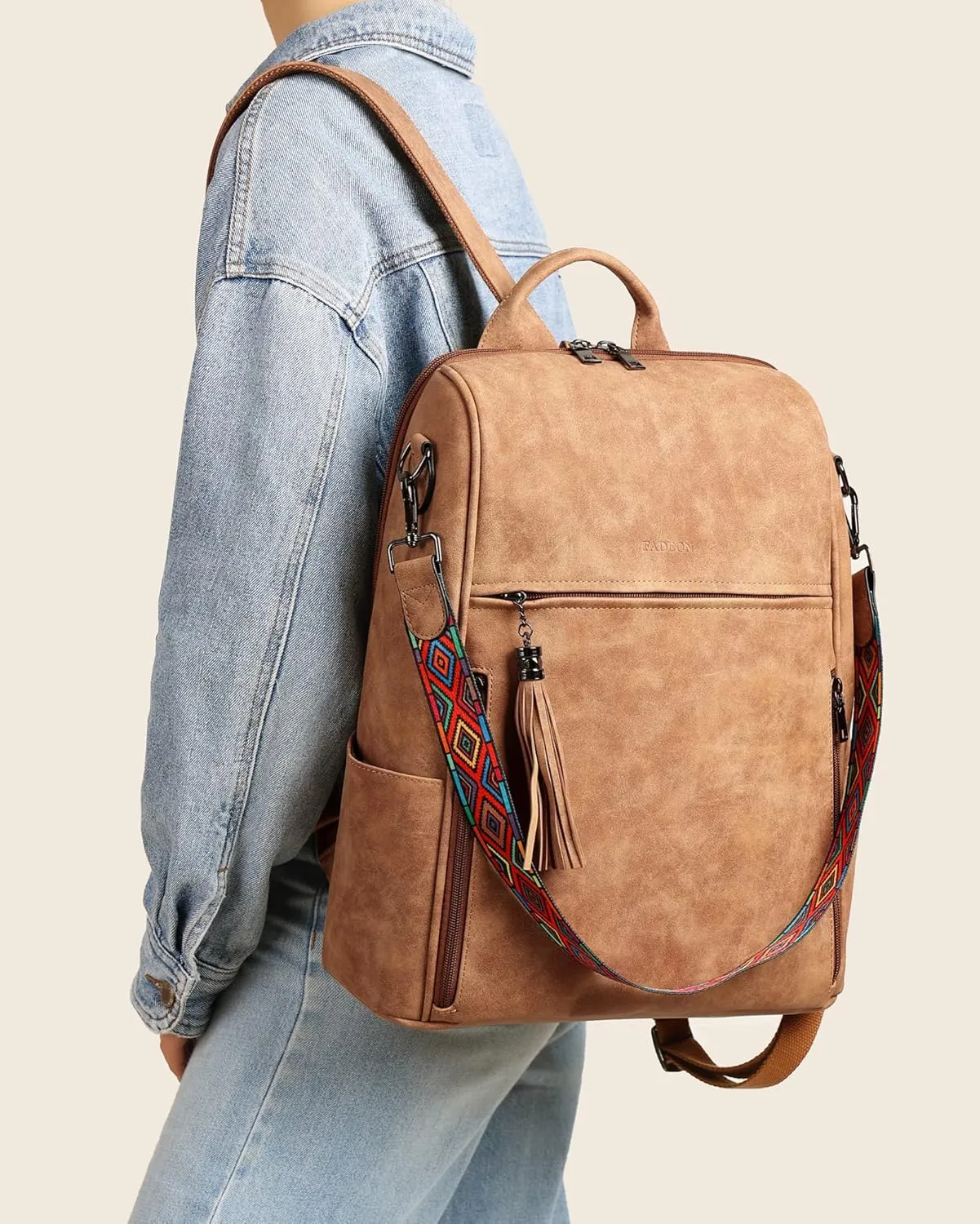 FADEON Leather Laptop Backpack for Women Designer 15.6 inch PU Laptop Bag, Ladies Travel Computer Work Backpack Brown