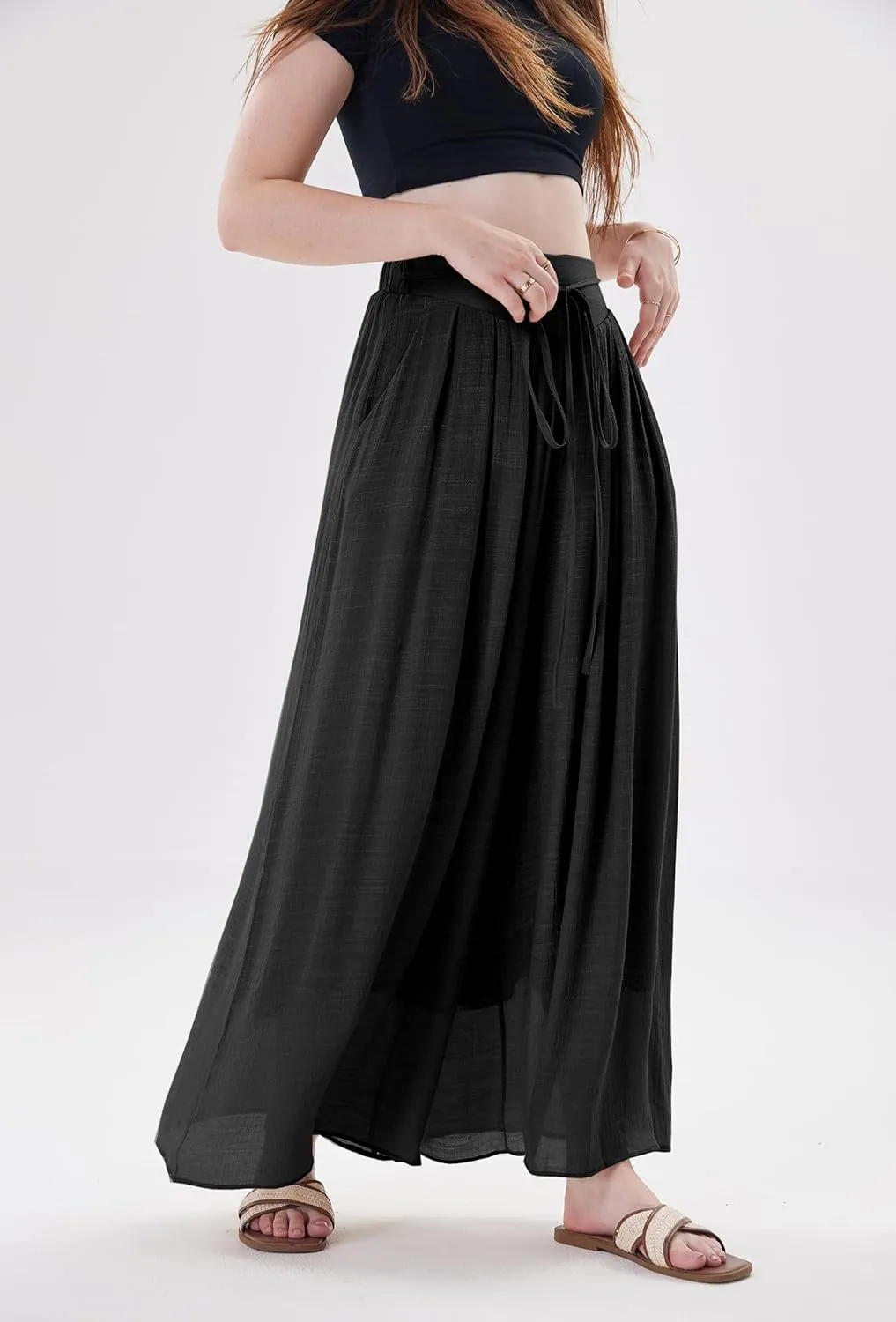 Fakanhui Women's Linen Palazzo Pants Summer Beach Wide Leg High Waist Casual Dressy Lounge Pant Trouser