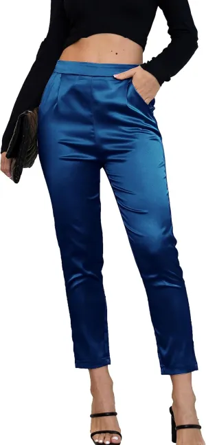 Fakanhui Women's Satin Silky Dress Casual Elastic High Waist Stretch Elegant Pants Trousers