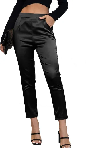 Fakanhui Women's Satin Silky Dress Casual Elastic High Waist Stretch Elegant Pants Trousers