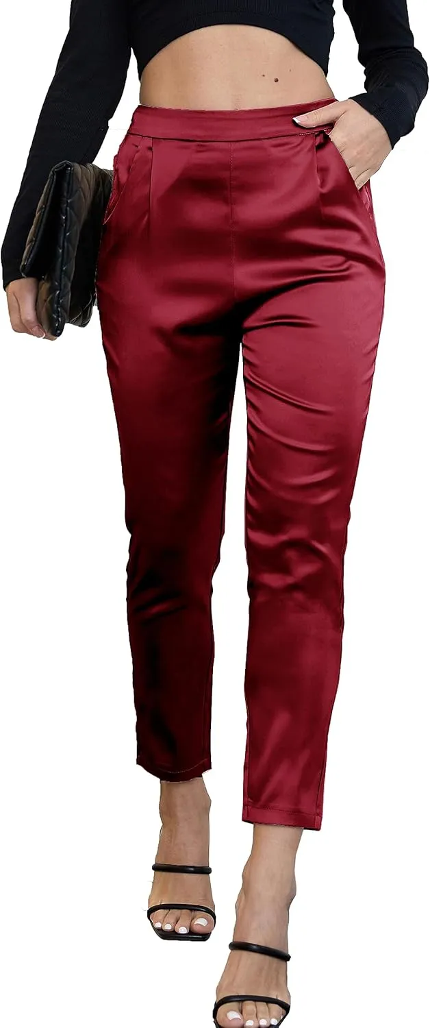 Fakanhui Women's Satin Silky Dress Casual Elastic High Waist Stretch Elegant Pants Trousers