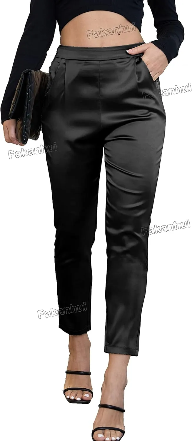 Fakanhui Women's Satin Silky Dress Casual Elastic High Waist Stretch Elegant Pants Trousers