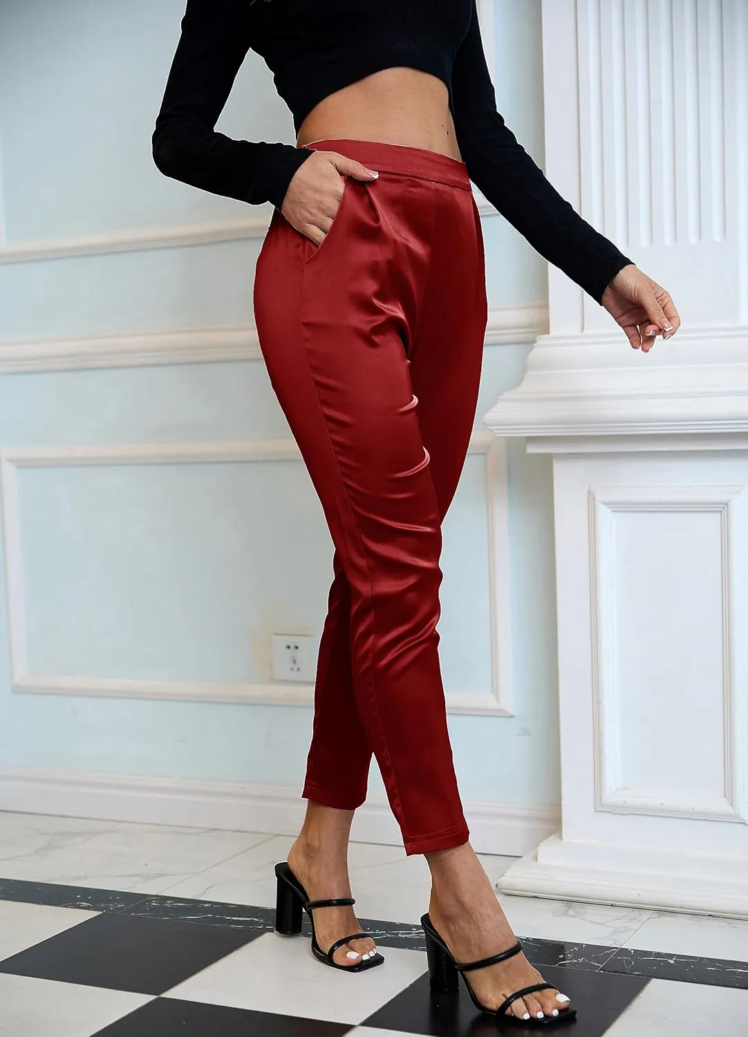 Fakanhui Women's Satin Silky Dress Casual Elastic High Waist Stretch Elegant Pants Trousers