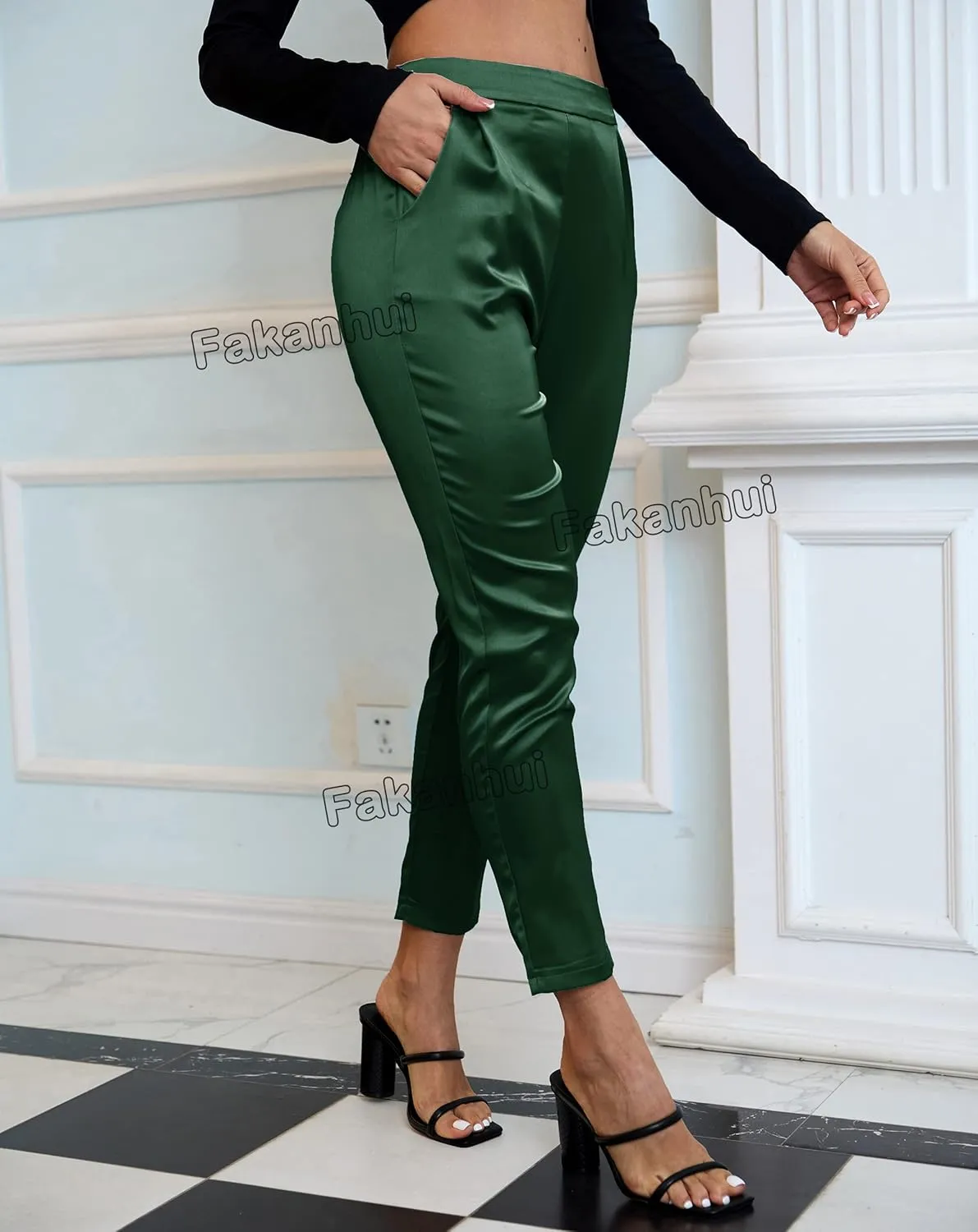 Fakanhui Women's Satin Silky Dress Casual Elastic High Waist Stretch Elegant Pants Trousers