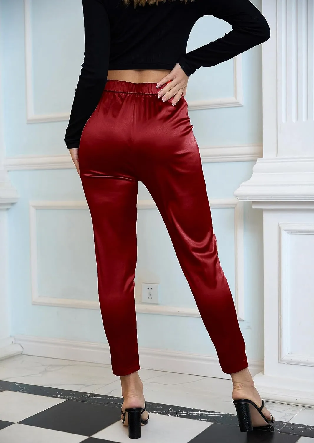 Fakanhui Women's Satin Silky Dress Casual Elastic High Waist Stretch Elegant Pants Trousers