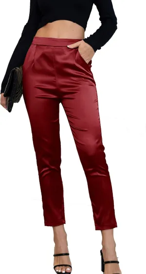 Fakanhui Women's Satin Silky Dress Casual Elastic High Waist Stretch Elegant Pants Trousers