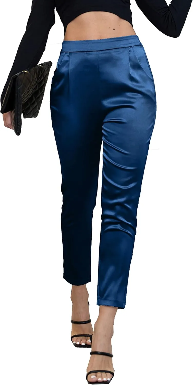 Fakanhui Women's Satin Silky Dress Casual Elastic High Waist Stretch Elegant Pants Trousers