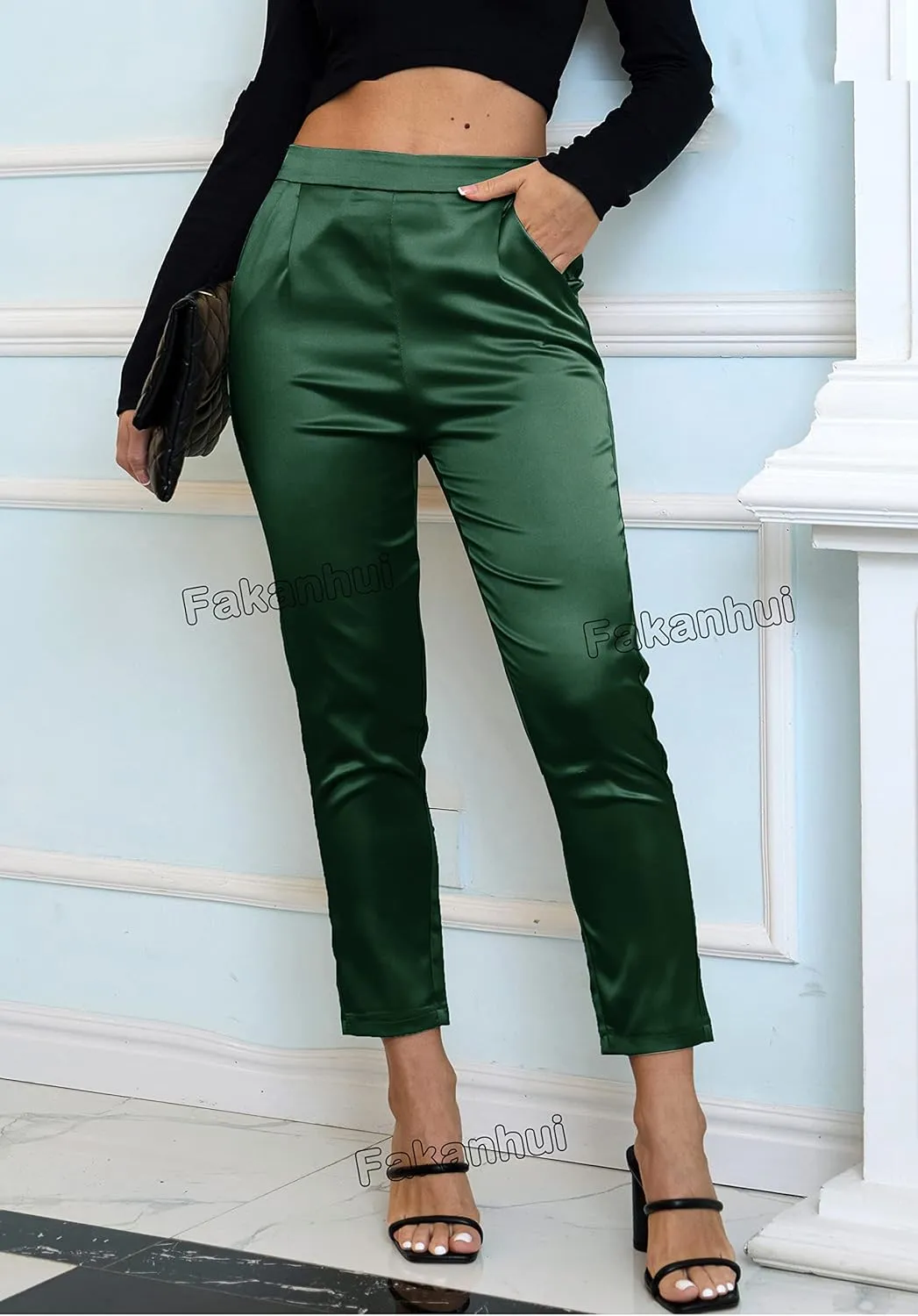Fakanhui Women's Satin Silky Dress Casual Elastic High Waist Stretch Elegant Pants Trousers