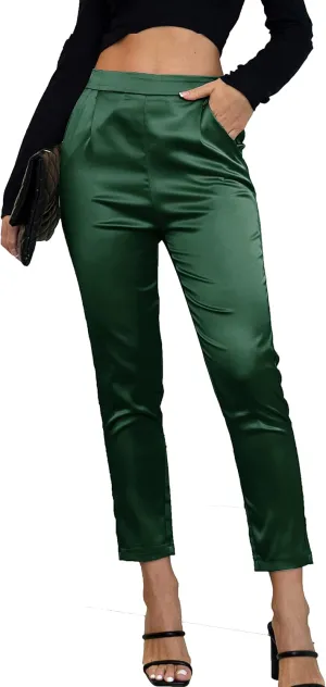 Fakanhui Women's Satin Silky Dress Casual Elastic High Waist Stretch Elegant Pants Trousers