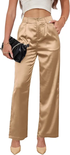 Fakanhui Women's Satin Wide Leg Pant Party Dress Casual Sparkle High Waisted Long Pants Clubwear