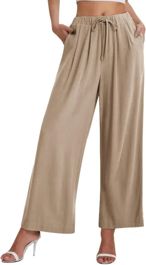 fanmpghleoo Womens Linen Palazzo Pants Summer Casual Loose High Waisted Flowy Wide Leg Pants Beach Trousers with Pockets