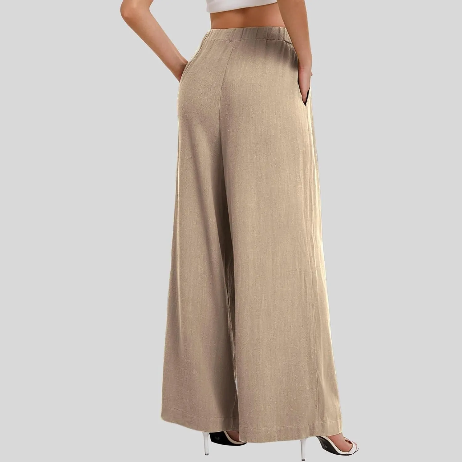 fanmpghleoo Womens Linen Palazzo Pants Summer Casual Loose High Waisted Flowy Wide Leg Pants Beach Trousers with Pockets