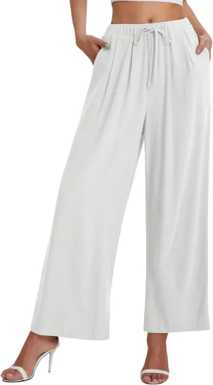 fanmpghleoo Womens Linen Palazzo Pants Summer Casual Loose High Waisted Flowy Wide Leg Pants Beach Trousers with Pockets