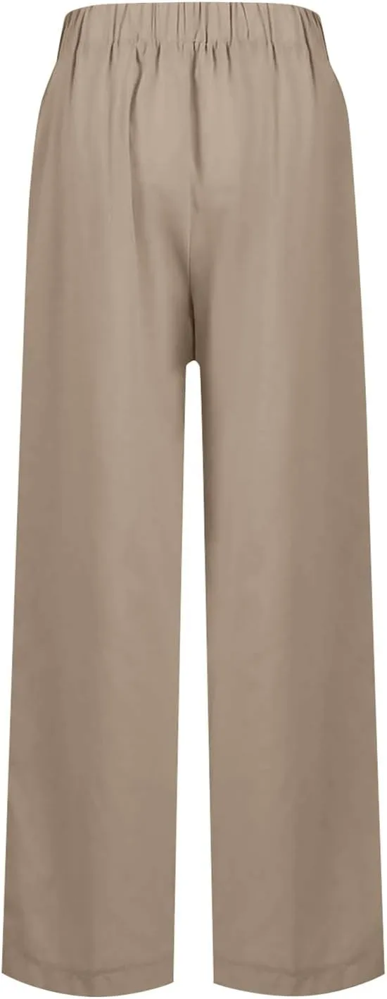 fanmpghleoo Womens Linen Palazzo Pants Summer Casual Loose High Waisted Flowy Wide Leg Pants Beach Trousers with Pockets