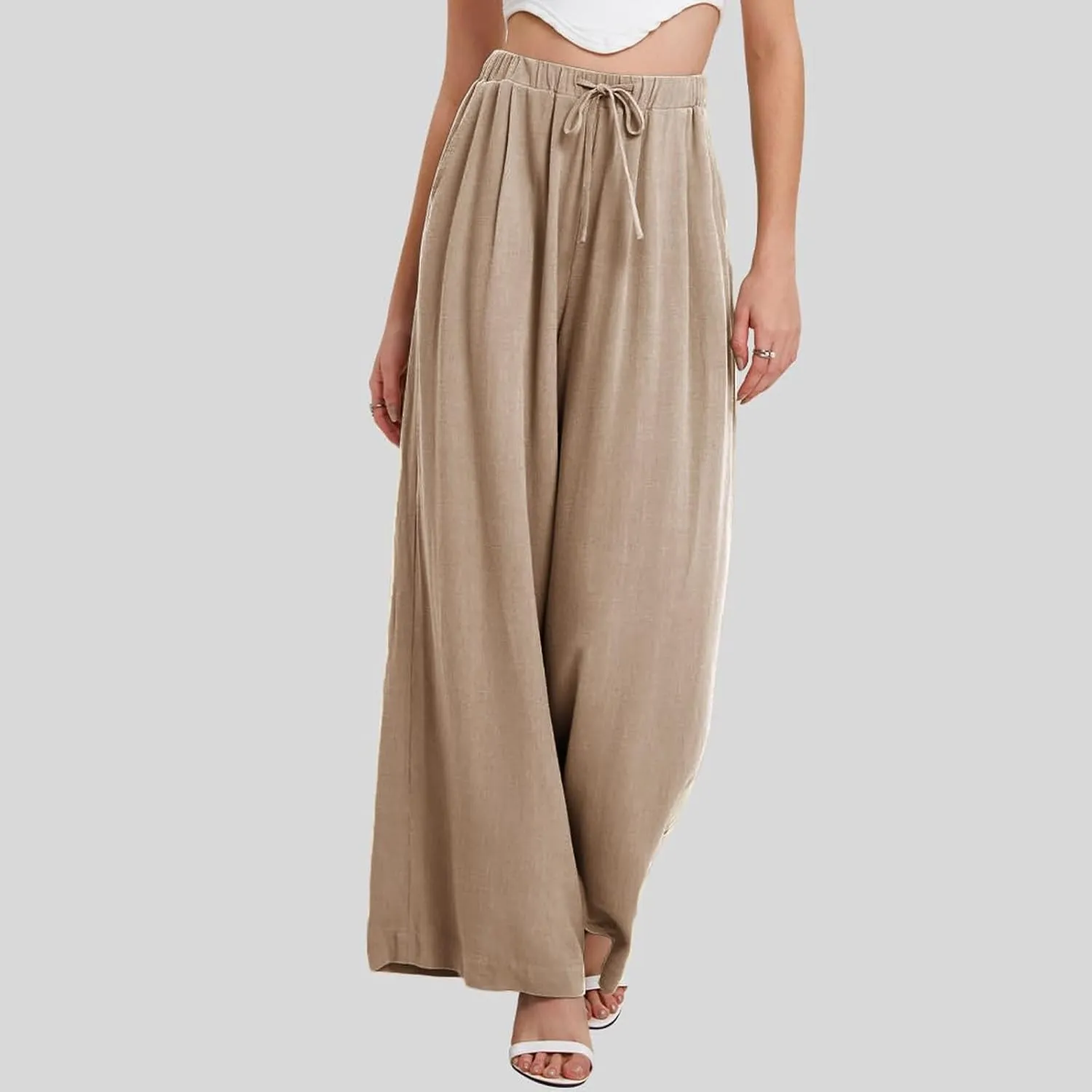 fanmpghleoo Womens Linen Palazzo Pants Summer Casual Loose High Waisted Flowy Wide Leg Pants Beach Trousers with Pockets