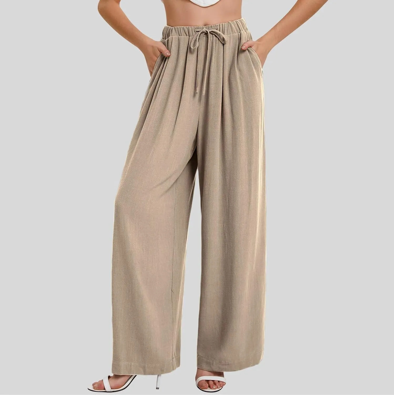 fanmpghleoo Womens Linen Palazzo Pants Summer Casual Loose High Waisted Flowy Wide Leg Pants Beach Trousers with Pockets