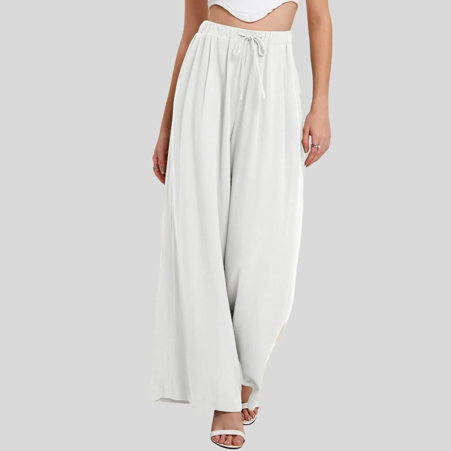 fanmpghleoo Womens Linen Palazzo Pants Summer Casual Loose High Waisted Flowy Wide Leg Pants Beach Trousers with Pockets