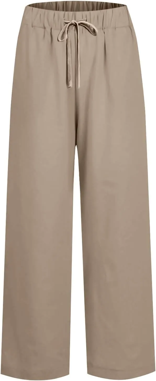 fanmpghleoo Womens Linen Palazzo Pants Summer Casual Loose High Waisted Flowy Wide Leg Pants Beach Trousers with Pockets