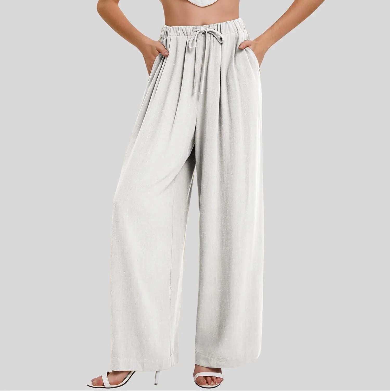 fanmpghleoo Womens Linen Palazzo Pants Summer Casual Loose High Waisted Flowy Wide Leg Pants Beach Trousers with Pockets