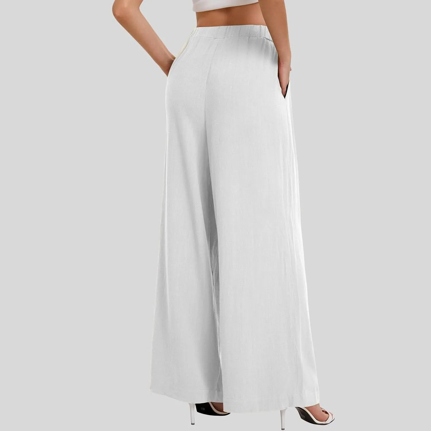 fanmpghleoo Womens Linen Palazzo Pants Summer Casual Loose High Waisted Flowy Wide Leg Pants Beach Trousers with Pockets