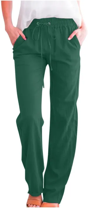 Fanteecy Women's 2024 Trendy Cotton Linen Drawstring Pants Elastic Waist Palazzo Pants Summer Casual Trousers with Pockets