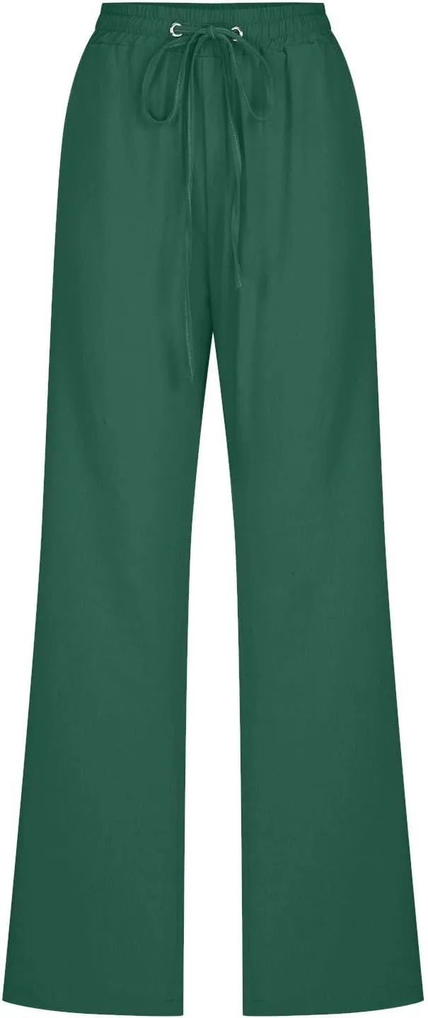 Fanteecy Women's 2024 Trendy Cotton Linen Drawstring Pants Elastic Waist Palazzo Pants Summer Casual Trousers with Pockets