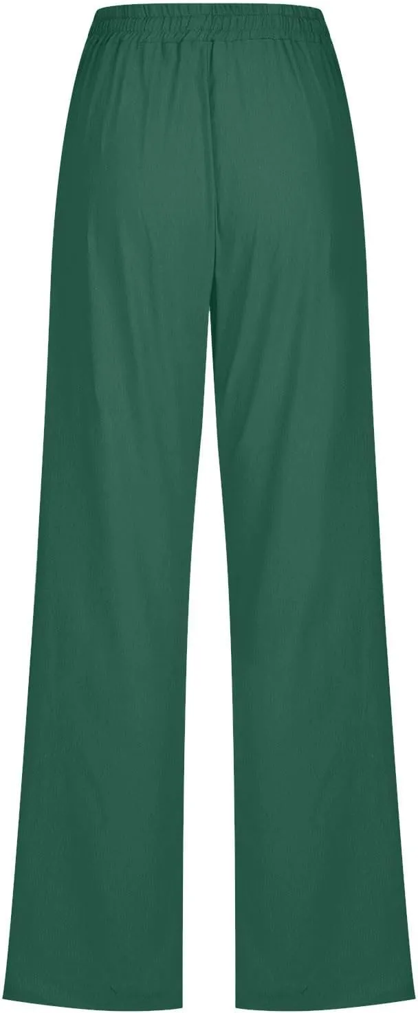 Fanteecy Women's 2024 Trendy Cotton Linen Drawstring Pants Elastic Waist Palazzo Pants Summer Casual Trousers with Pockets