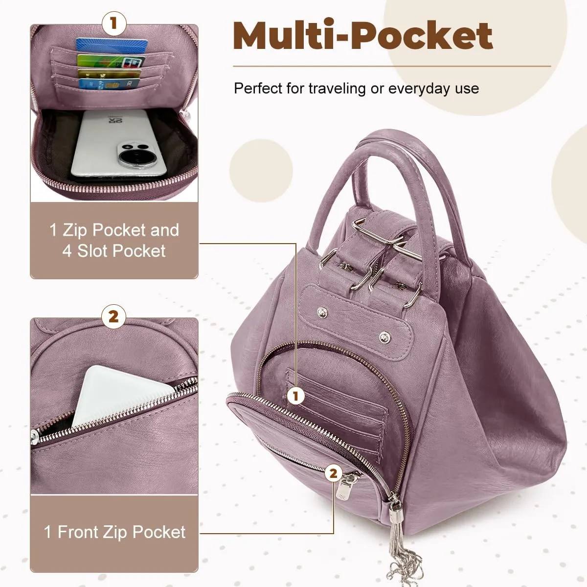 Fashion Leather Backpack Purse for Women Anti-theft Casual Shoulder Bag Ladies Satchel Bags Multipurpose Design Bucket Bags for Women Tote Handbag with Card Holder for Work Hiking Daily Use