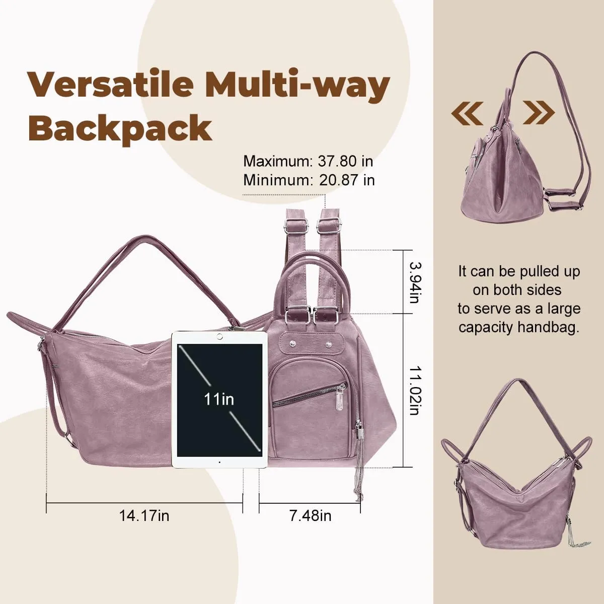 Fashion Leather Backpack Purse for Women Anti-theft Casual Shoulder Bag Ladies Satchel Bags Multipurpose Design Bucket Bags for Women Tote Handbag with Card Holder for Work Hiking Daily Use