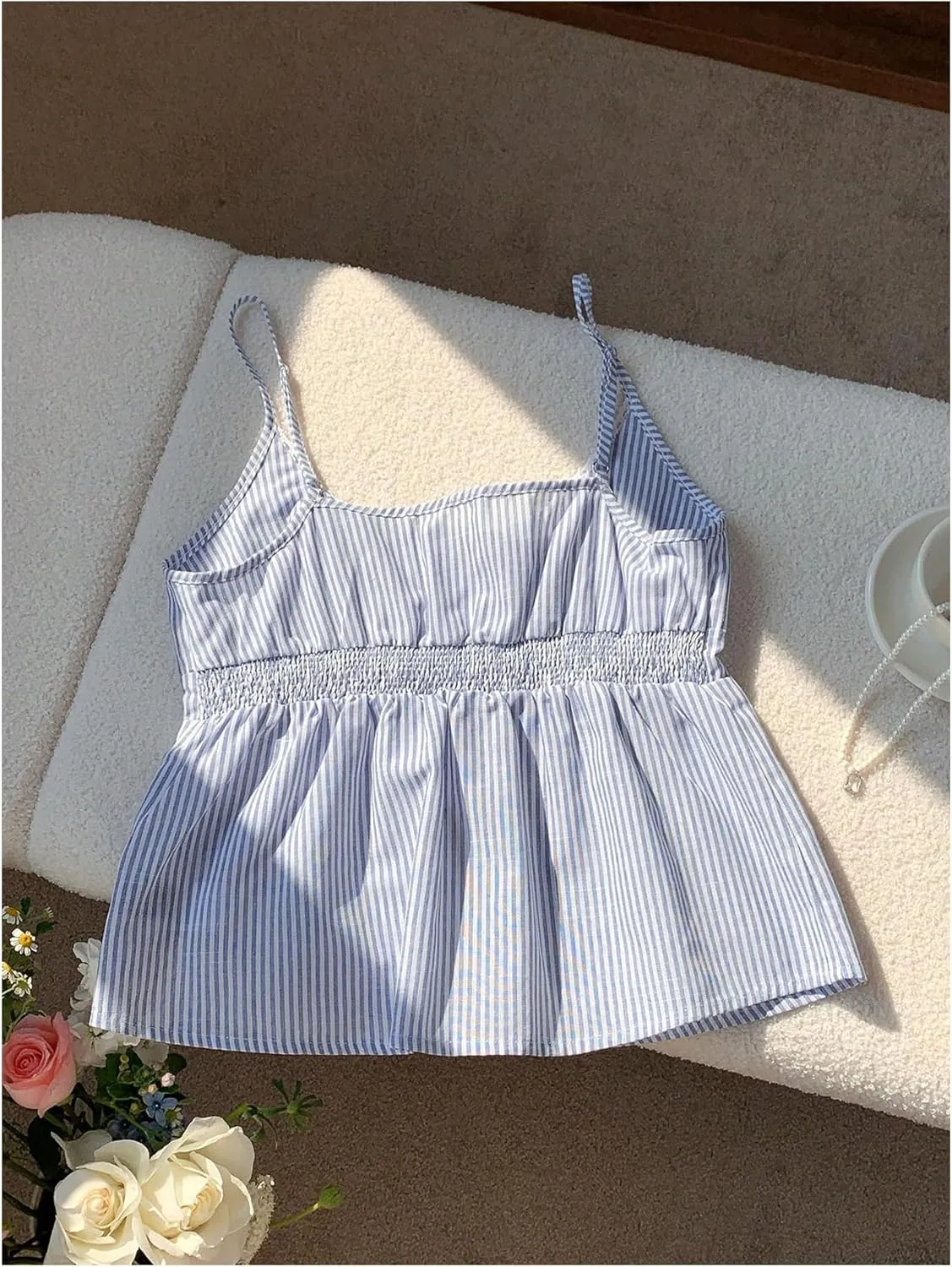 Floerns Women's Cute Striped Spaghetti Strap Camisole Tops Button Flared Hem Cami Top