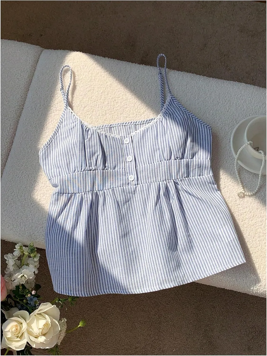 Floerns Women's Cute Striped Spaghetti Strap Camisole Tops Button Flared Hem Cami Top