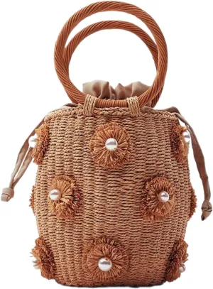 Flower Pearls Raffia Straw Summer Bucket Bag Beach Drawstring Tote Bag Woven Handbag Wicker Rattan Wrist Bag