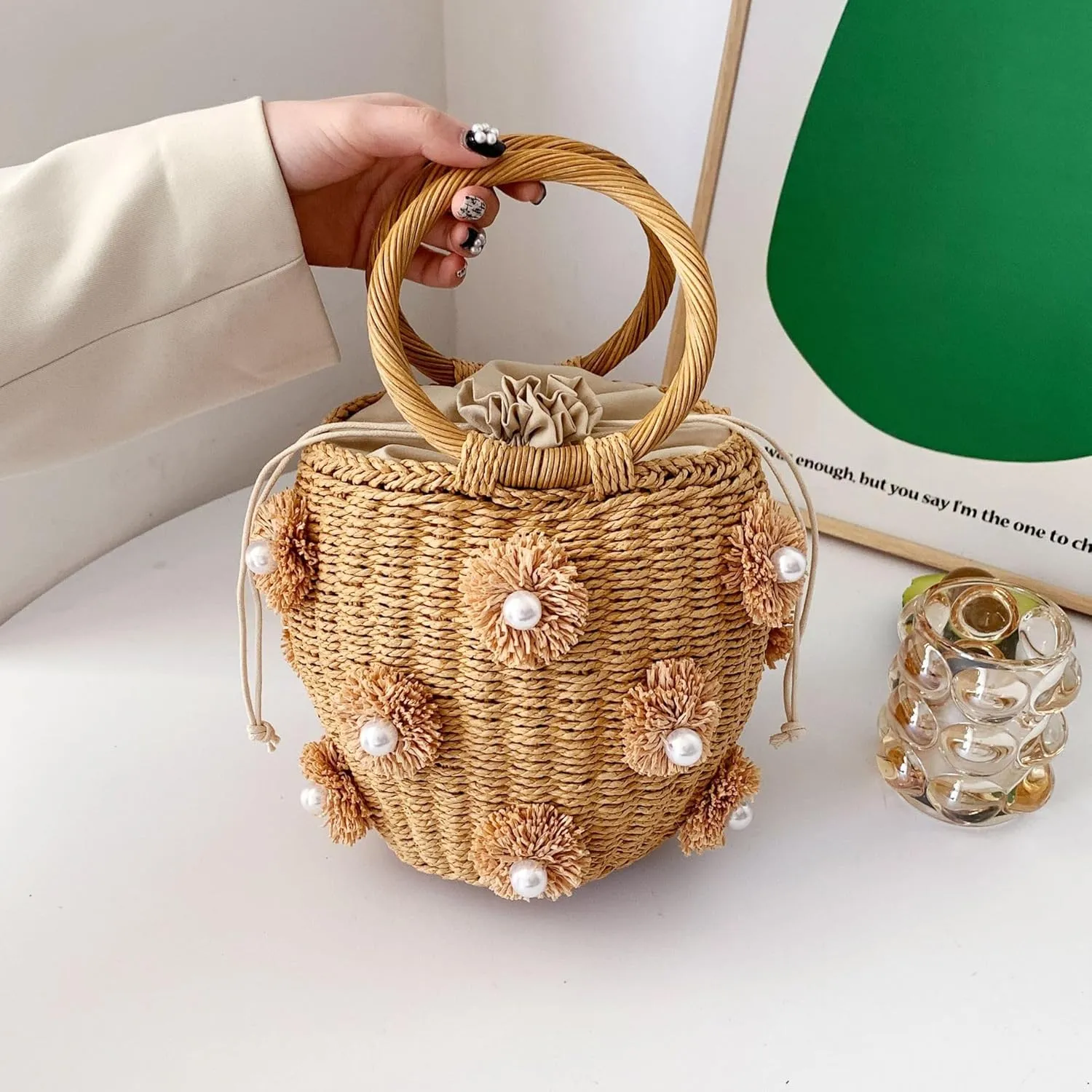 Flower Pearls Raffia Straw Summer Bucket Bag Beach Drawstring Tote Bag Woven Handbag Wicker Rattan Wrist Bag