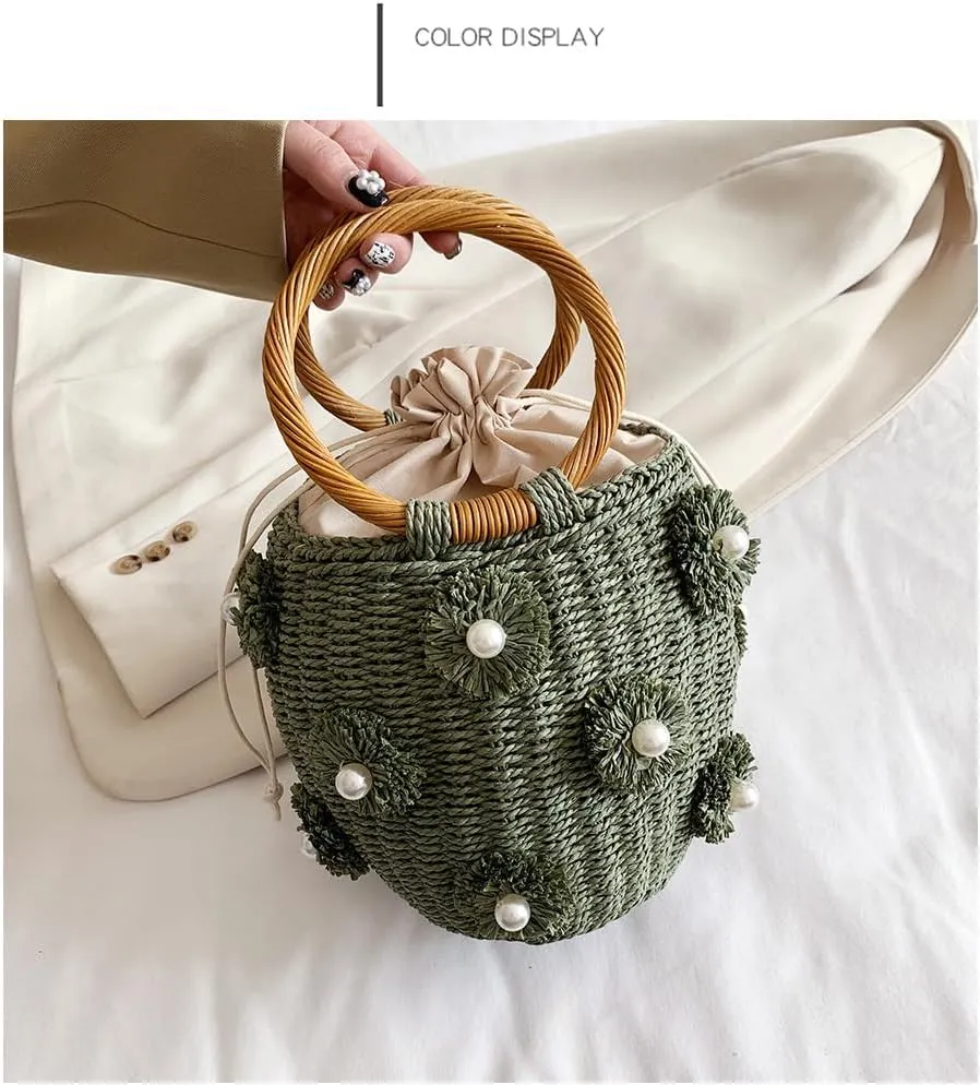 Flower Pearls Raffia Straw Summer Bucket Bag Beach Drawstring Tote Bag Woven Handbag Wicker Rattan Wrist Bag
