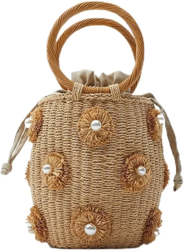 Flower Pearls Raffia Straw Summer Bucket Bag Beach Drawstring Tote Bag Woven Handbag Wicker Rattan Wrist Bag