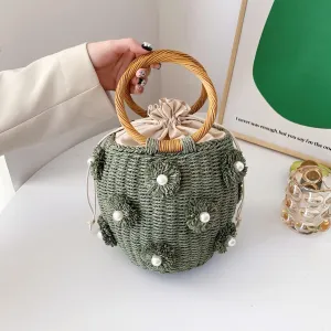 Flower Pearls Raffia Straw Summer Bucket Bag Beach Drawstring Tote Bag Woven Handbag Wicker Rattan Wrist Bag