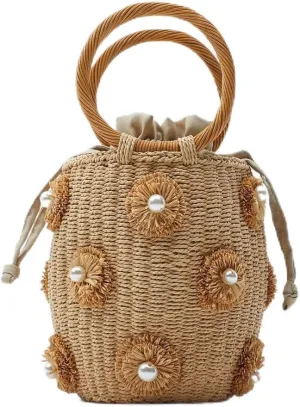 Flower Pearls Raffia Straw Summer Bucket Bag Beach Drawstring Tote Bag Woven Handbag Wicker Rattan Wrist Bag