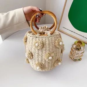 Flower Pearls Raffia Straw Summer Bucket Bag Beach Drawstring Tote Bag Woven Handbag Wicker Rattan Wrist Bag