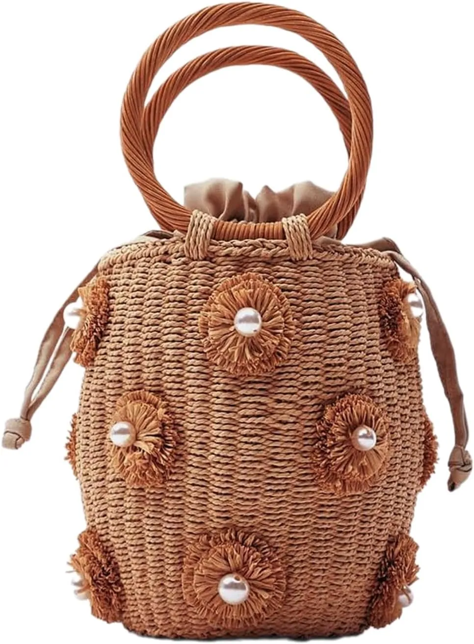 Flower Pearls Raffia Straw Summer Bucket Bag Beach Drawstring Tote Bag Woven Handbag Wicker Rattan Wrist Bag