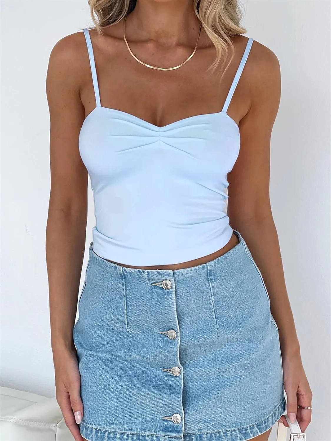 ForeFair Women Y2K Sweetheart Neck Sleeveless Crop Tank Tops Backless Spaghetti Strap Pleated Bustier Camis Going Out Top